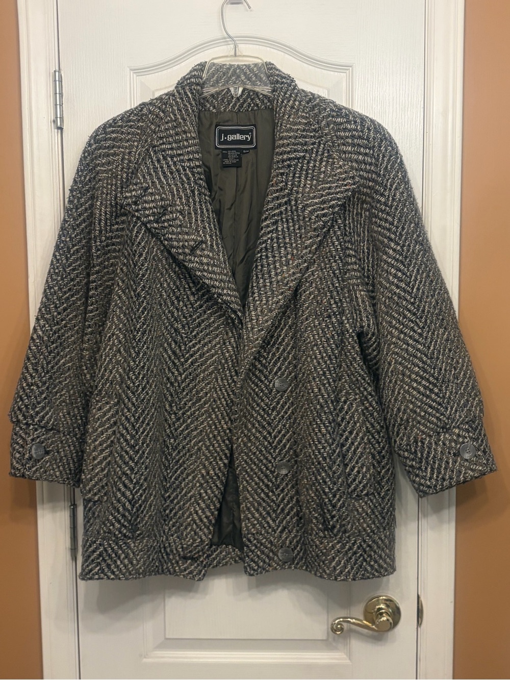 J.Gallery Women's Black and Cream Herringbone Vintage Pea Coat
